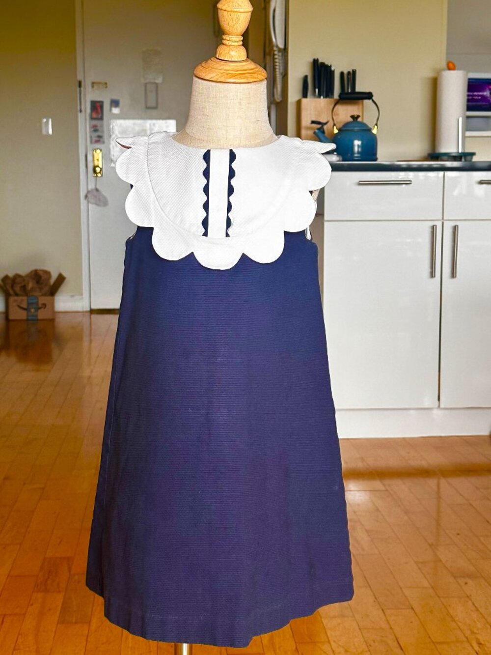 Jacadi Scalloped White Bib Navy Dress